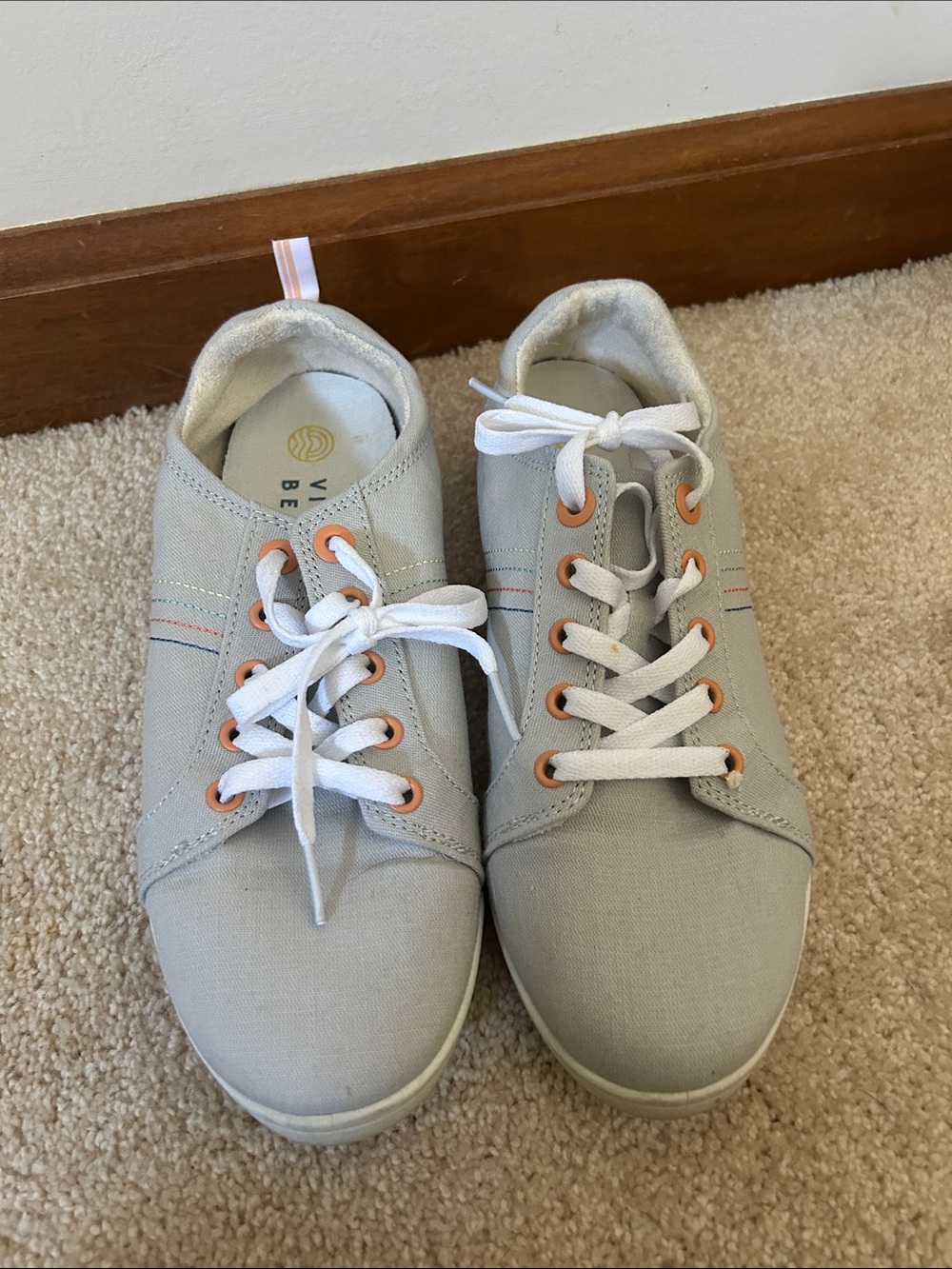Vionic Light Gray Canvas Sneakers with Orange Eyelets